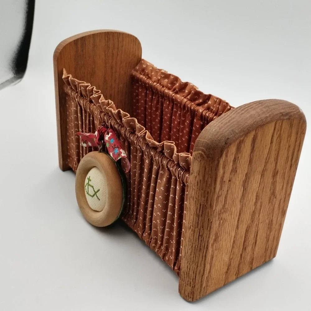 Vintage Wooden Cradle Napkin Holder Letter Sorter Gathered Fabric Cross Stitch‎